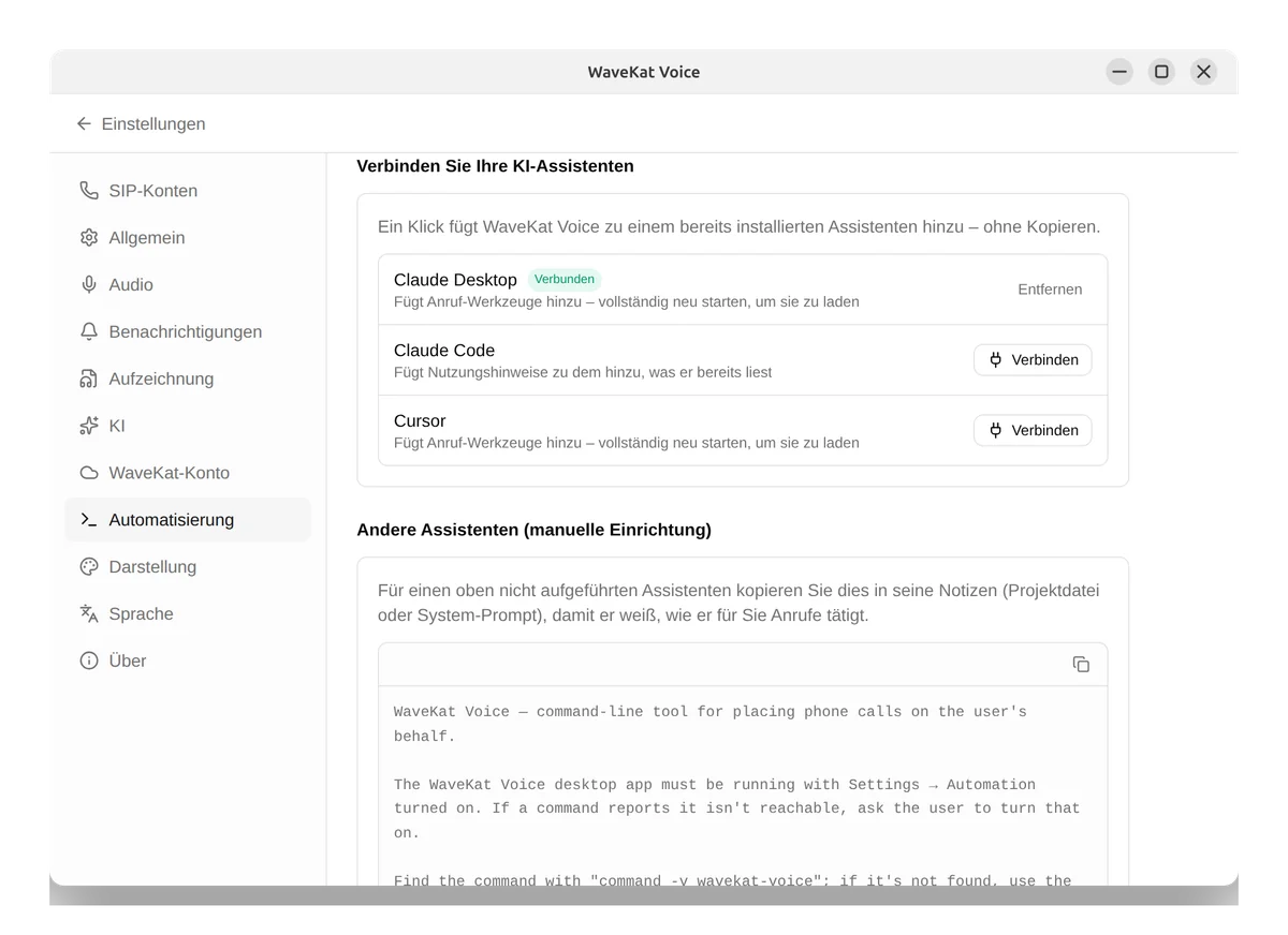 WaveKat Voice unter Ubuntu — KI-Assistenten wie Claude und Cursor verbinden, jeweils mit einer Ein-Klick-Schaltfläche „Verbinden“.