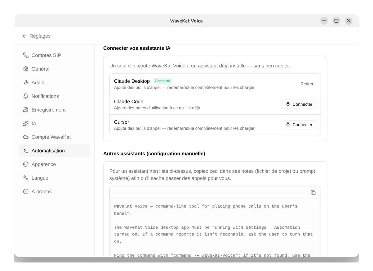 WaveKat Voice sous Ubuntu — connecter des assistants IA comme Claude et Cursor, chacun avec un bouton Connecter en un clic.