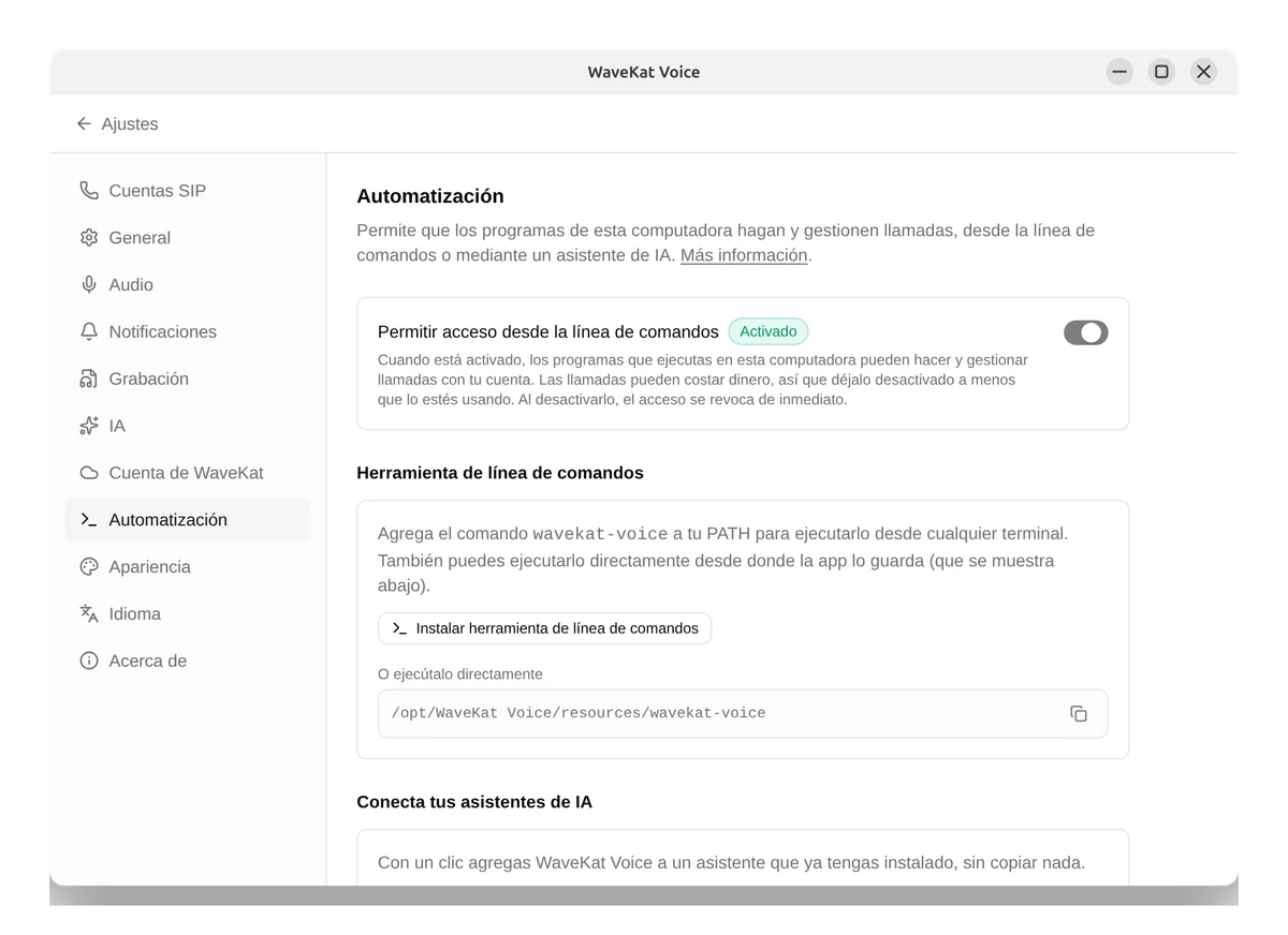 WaveKat Voice en Ubuntu: los ajustes de Automatización con el acceso por línea de comandos activado y el botón para instalar la herramienta de línea de comandos.