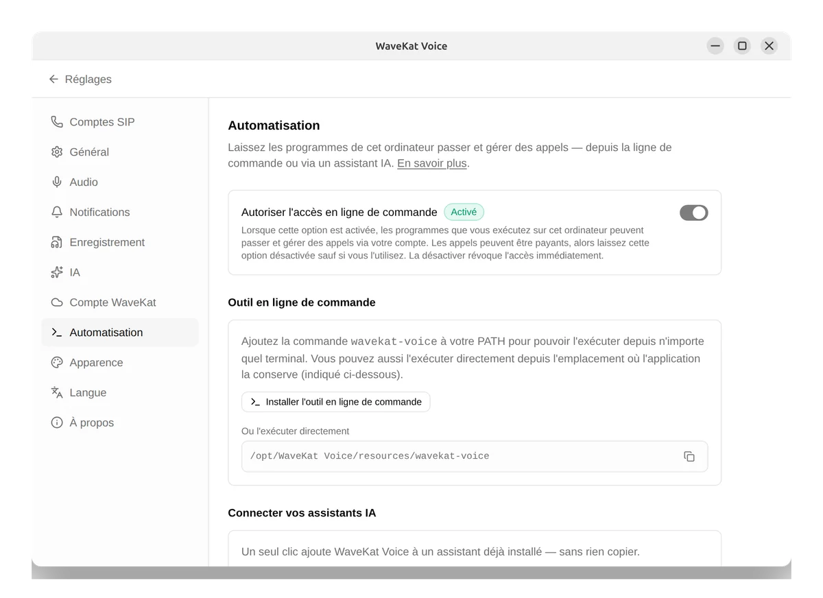 WaveKat Voice sous Ubuntu — les réglages d'Automatisation avec l'accès en ligne de commande activé et le bouton pour installer l'outil en ligne de commande.