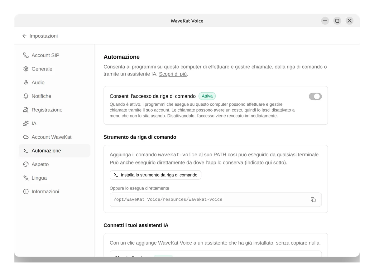 WaveKat Voice su Ubuntu — le impostazioni di Automazione con l'accesso da riga di comando attivato e il pulsante per installare lo strumento da riga di comando.