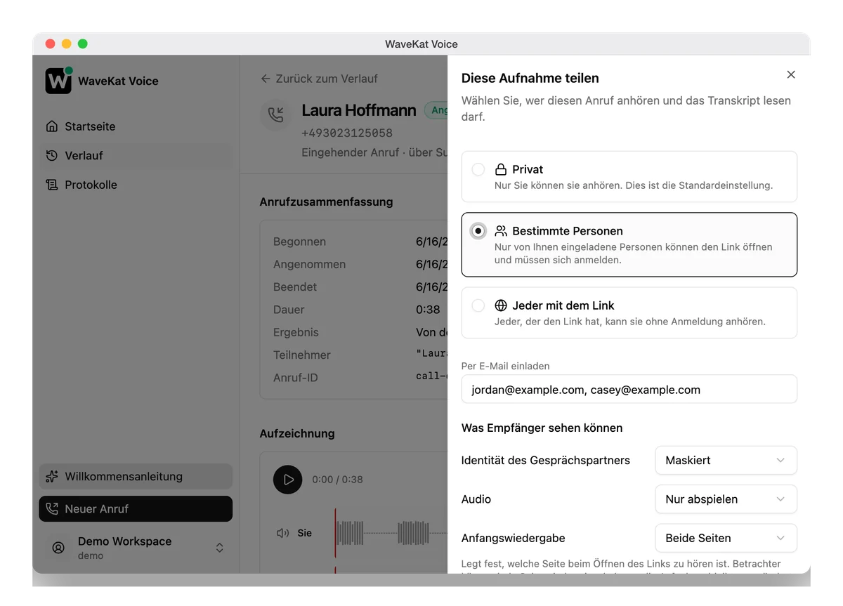 WaveKat Voice auf dem Mac — das Teilen-Panel bei einer aufgezeichneten Aufnahme: die drei Zugriffsstufen, ein Einladungsfeld und die Steuerelemente dafür, was Empfänger sehen können.